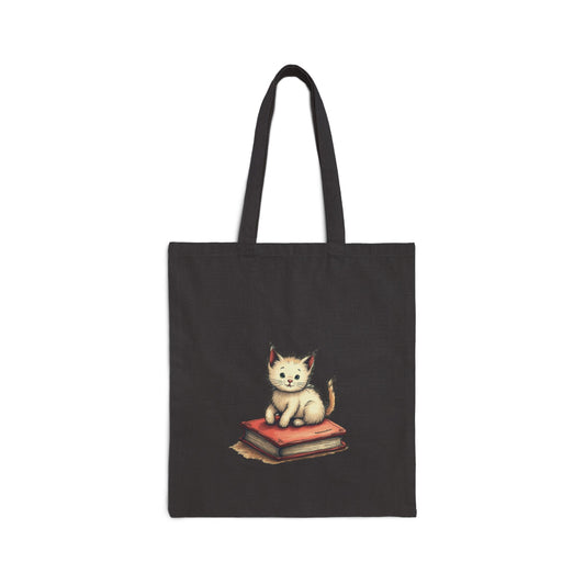 Bookworm Kitty - Cotton Canvas Tote Bag